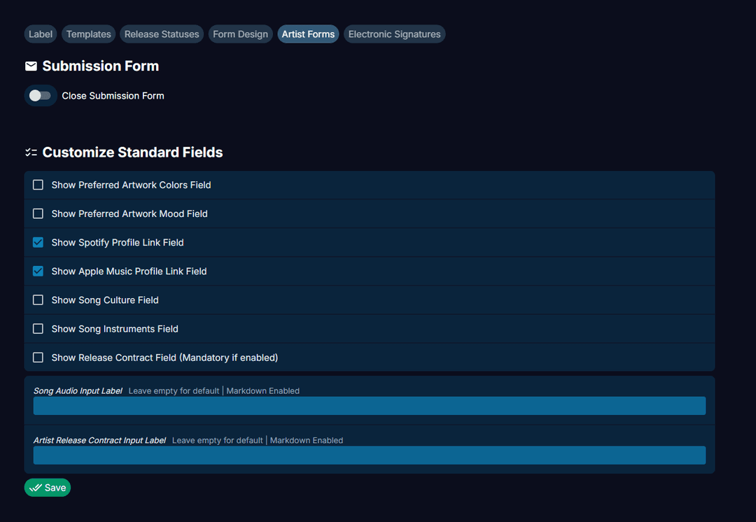 Customizable forms to gather information from artists