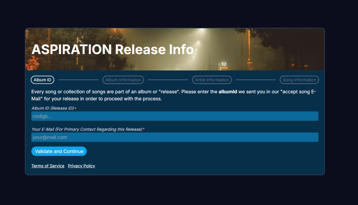 Release information form for artists to submit song metadata, contracts, and profit splits