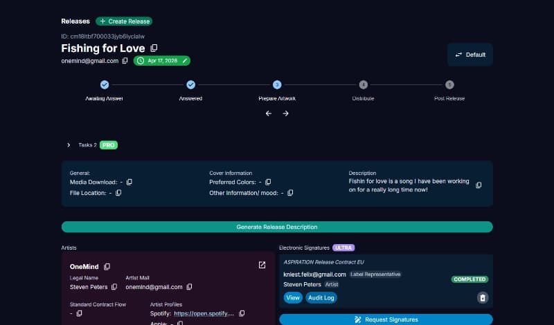 Artist release information form showing song details, and metadata fields